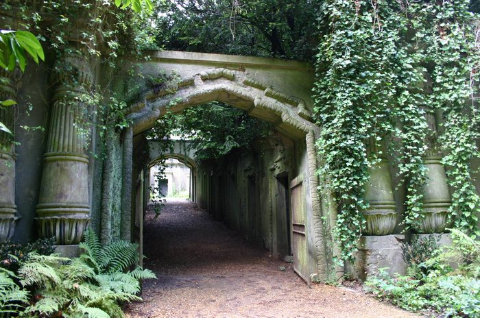 Highgate Cemetery in London, UK - Entrance to the Egyptian Avenue