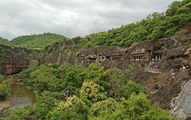 Ajanta Caves in Maharashtra, India  - Greenish landscape